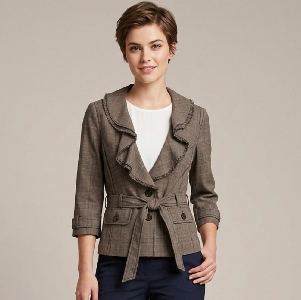 Anne Taylor LOFT Brown Tan Italian Tweed Belted Blazer Jacket SZ 6